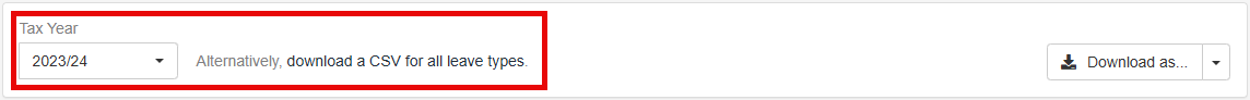 Image showing Tax Year and download a CSV for all leave types highlighted 