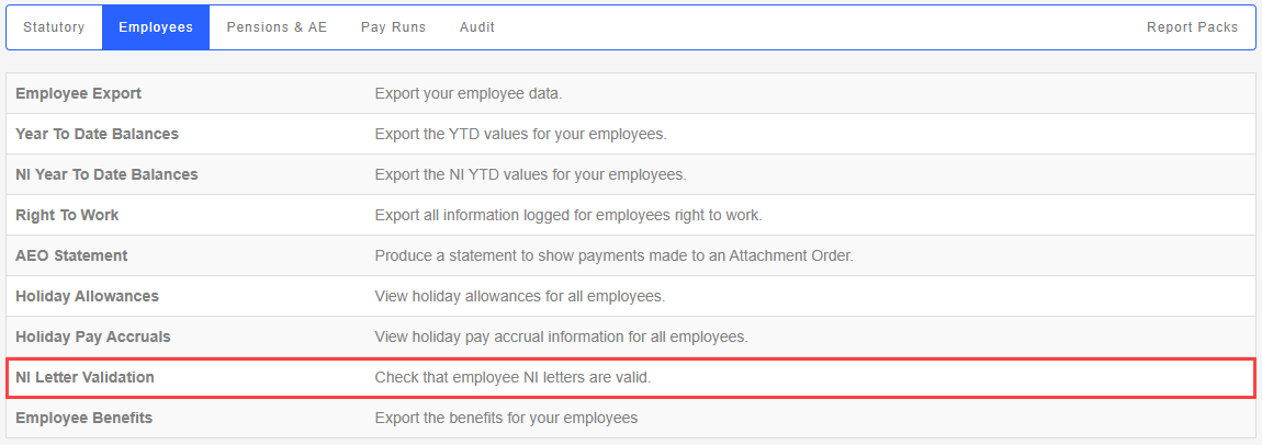 the Employees Report screen with NI Letter Vailidation report highlighted