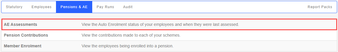 the Pensions & AE Reports screen, with the AE Assessments report highlighted