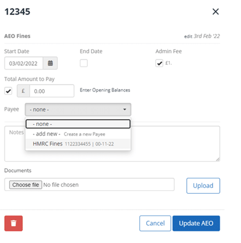 AEO Fines setup screen with Payee drop down menu shown