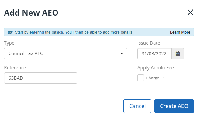 the Add new AEO screen in Employee Attachment Orders option