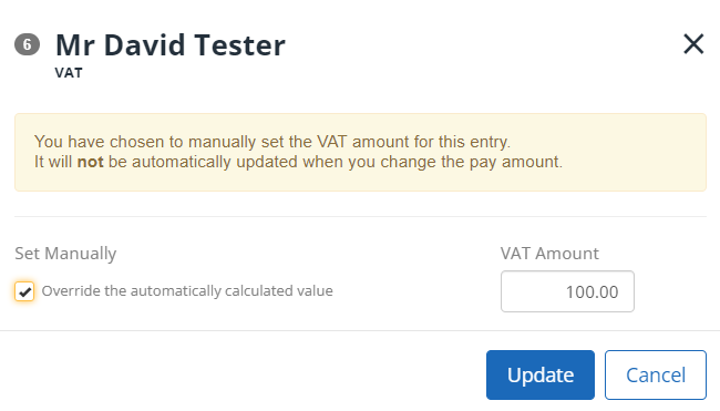 Enter the required VAT Amount, then Update.