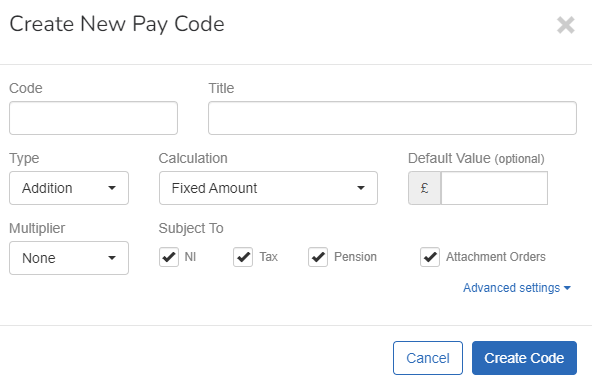 the create a new pay code screen