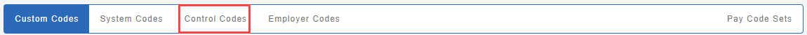 in Employer settings, the Pay Codees screen with the Control Codes option highlighted