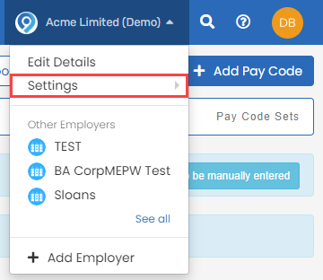 the Employer drop down menu, with the settings option highlighted