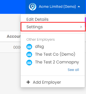 Employer menu with Settings option highlighted