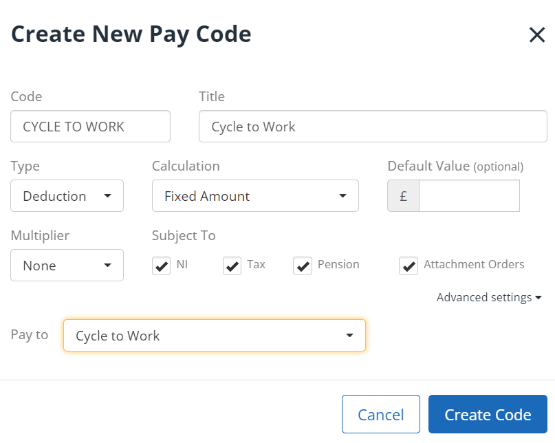 create new pay code screen, with Pay To field indicated