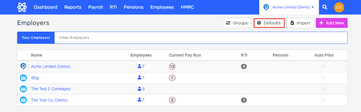 the Copy Employers screen with the defaults button highlighted