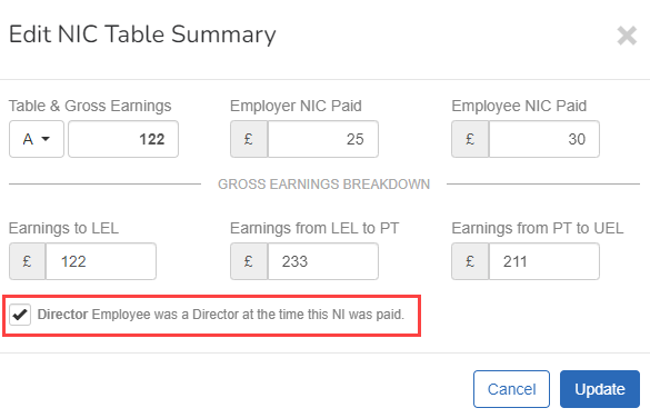 Select Director Employee was a Director at the time this NI was paid.