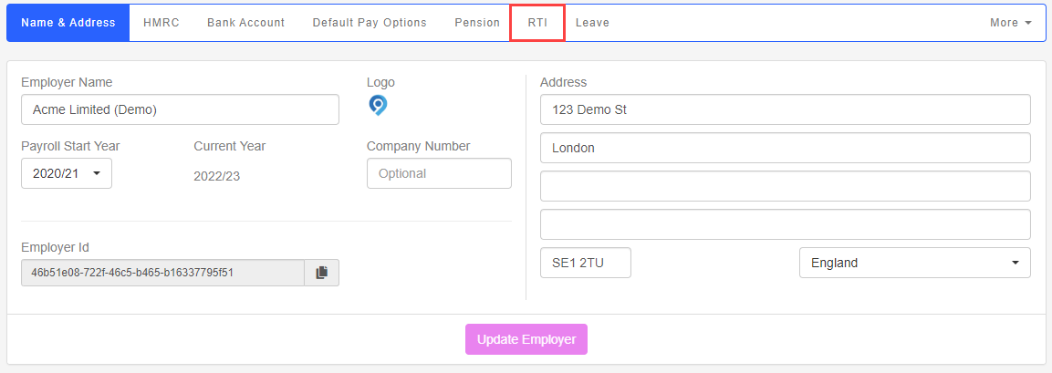 Employer Edit Details screen, with the RTI option highlighted