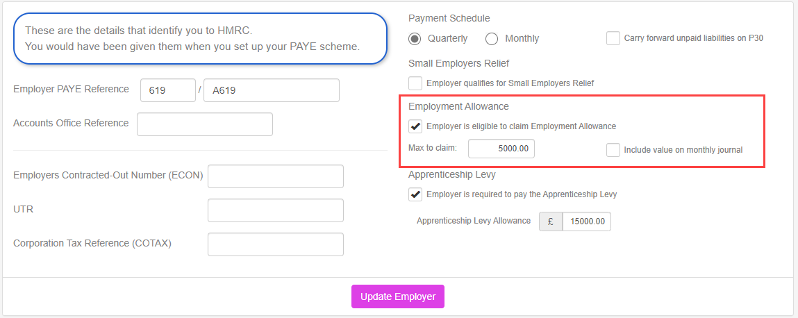 Employer Edit details screen, on the HMRC tab, with the Employment Allowance section highlighted