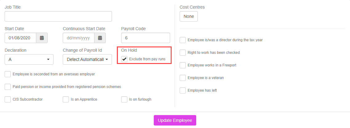 Select Exclude from pay runs to toggle the On Hold status.