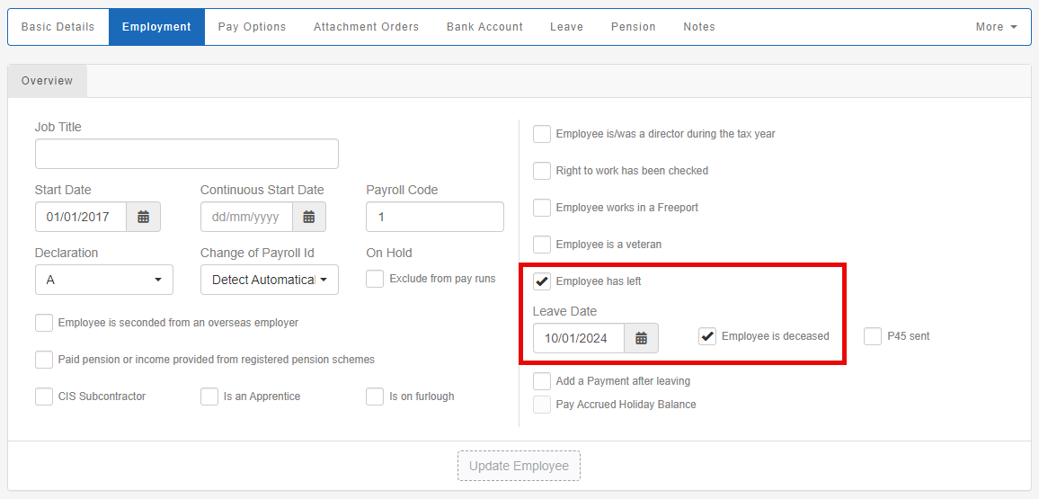 Employee's employment screen, with employee has left, and employee is deceased highlighted