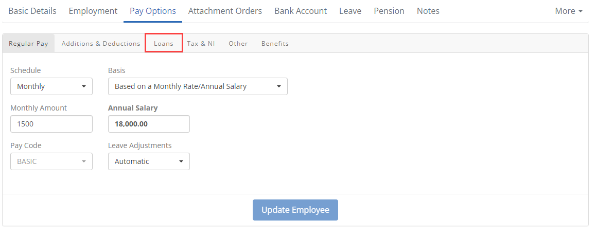 in the Employees Pay options screen, with the loans tab highlighted