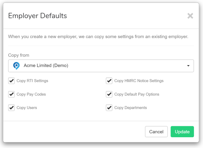 Copy COmpany process Employer defaults screen