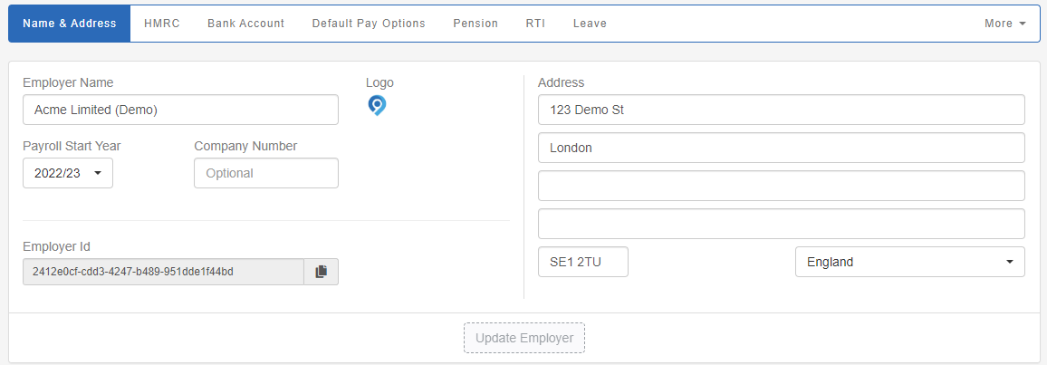 the Employer Edit Details screen, on the Name and Address tab