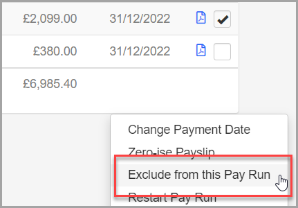 menu to exclude an employee from the payrun