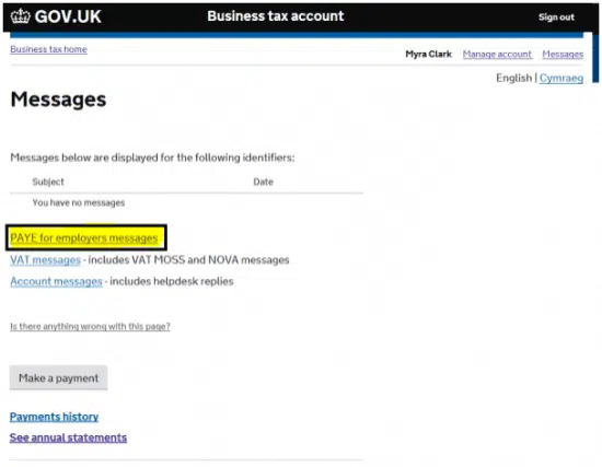 Select the PAYE for employers messages.
