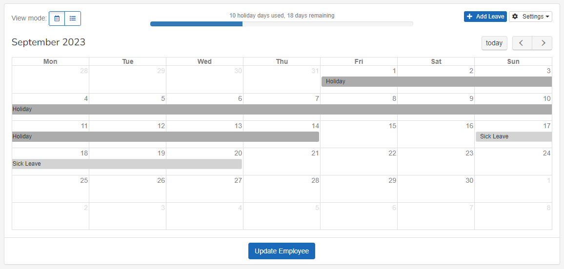 the Employee leave calender with holidays taken and remaining visible