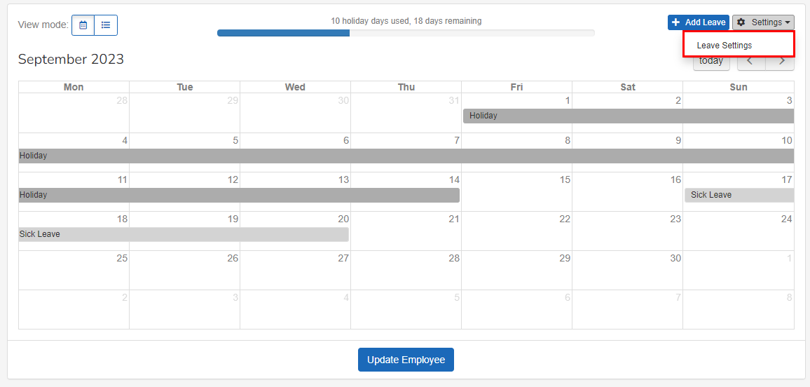 Employees leave calender viws with "leave settings" button highlighted