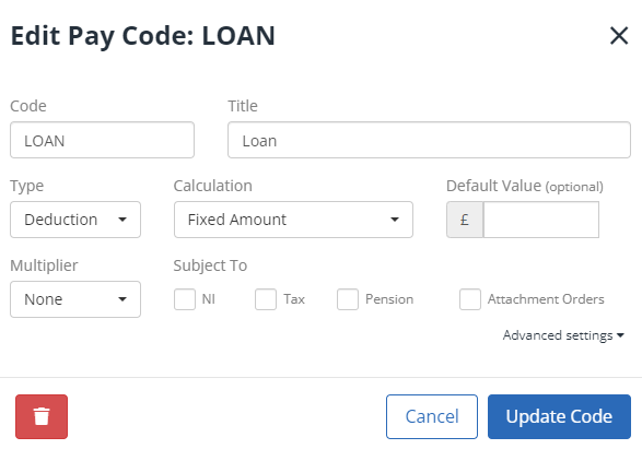 Loan Pay code setup