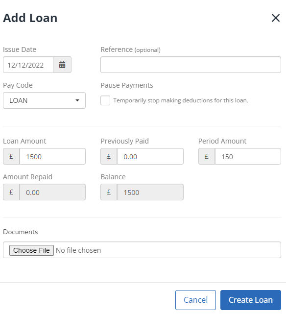 Loan setup screen