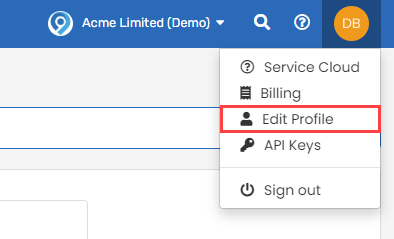 User Profile drop down menu with Edit Profile option highlighted