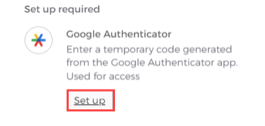 adding Google Authenticator to your account, with Setup highlighted