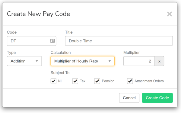 create new pay code screen, with Multiplier of Hourly Rate shown