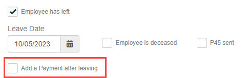 under the Employees, Leavers, Employment tab, with the add a payment after leaving option highlighted