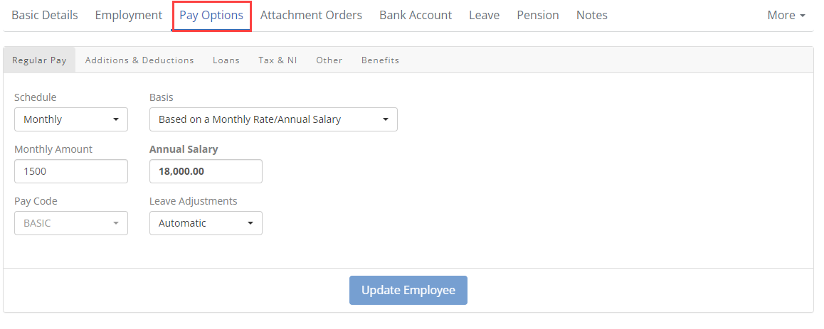 Employee record - Pay Options tab