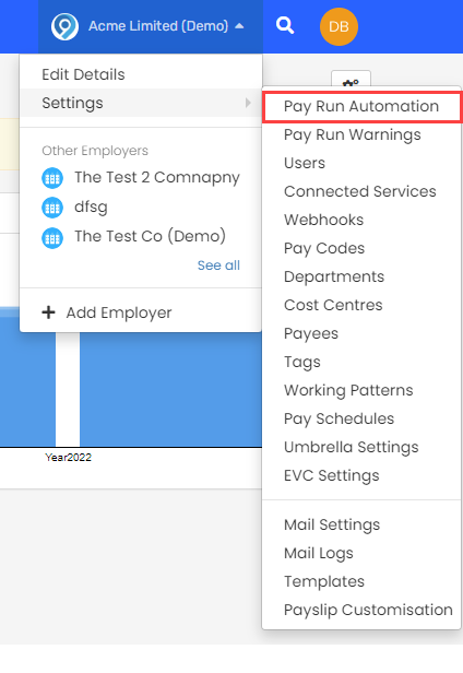 the Employer Settings drop down menu, with Pay Run Automation highlighted