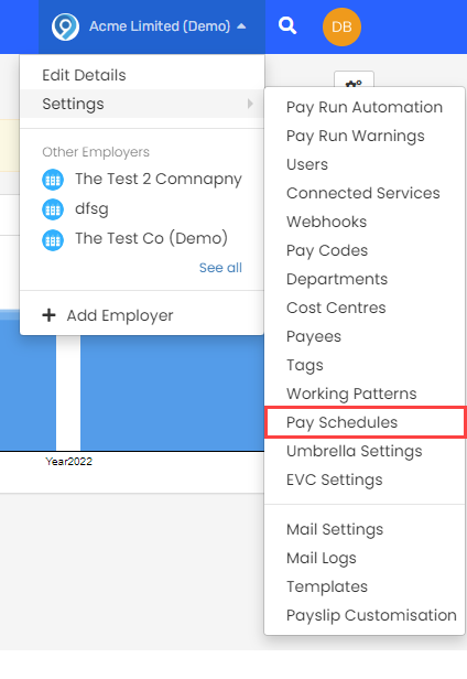 the Employer settings menu drop down, with Pay schedules option highlighted