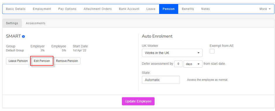 Employee screen pension tab, with Edit Pension highlighted