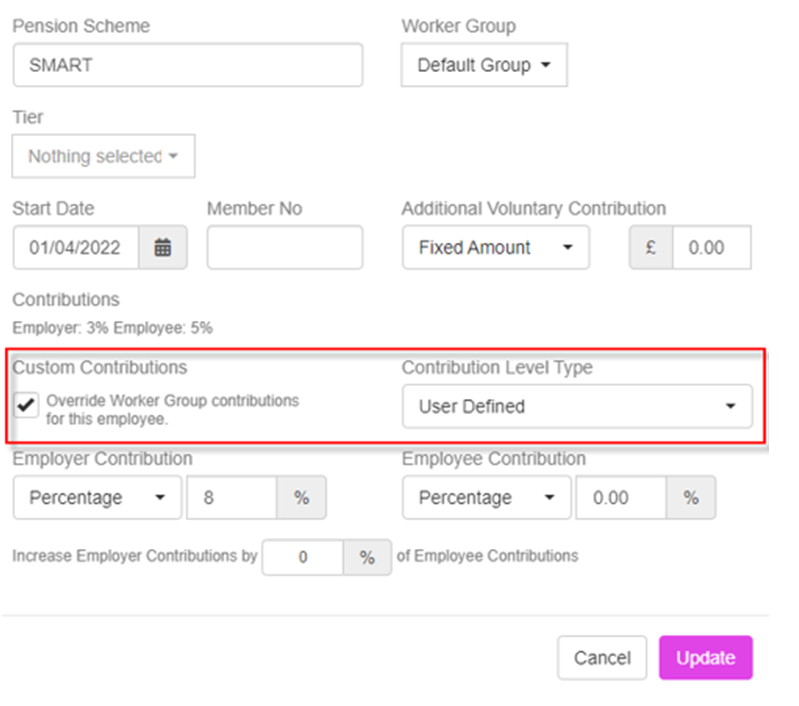 in Edit Pension contributions, with the Customer Contributions section highlighted