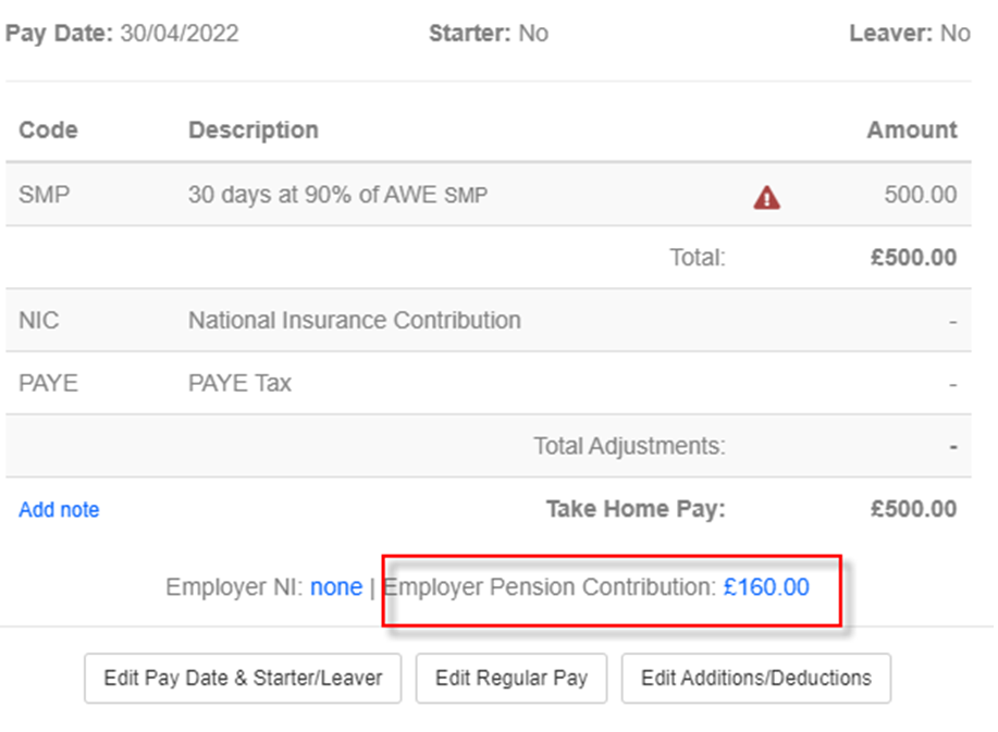 Employee payroll run overview, showing pension contribution based on assumed earnings highlighted