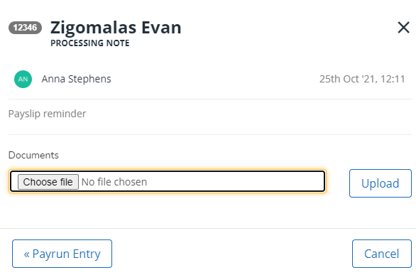 upload a document to a Payrun processing Note screen