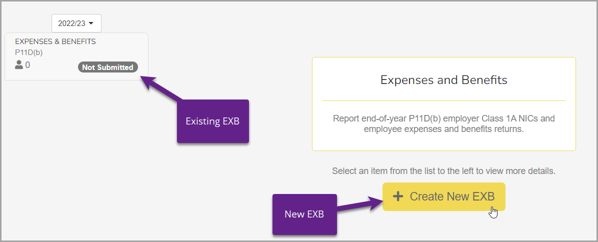 the RTI, EXB screen, with both an existing EXB, and the Create New EXB options indicated