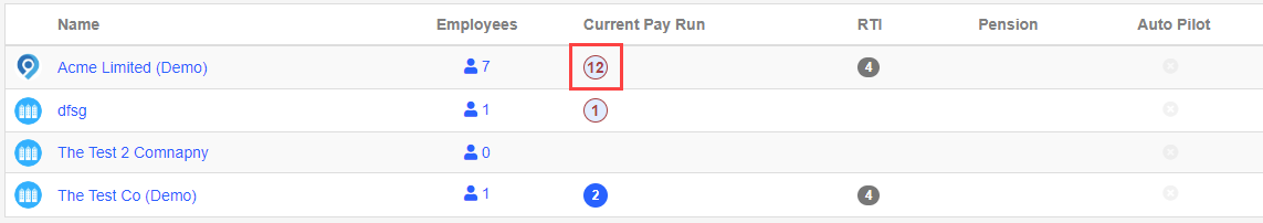 list of Employers available for Copy Employer process, with indicator non-finalised Payrun highlighted