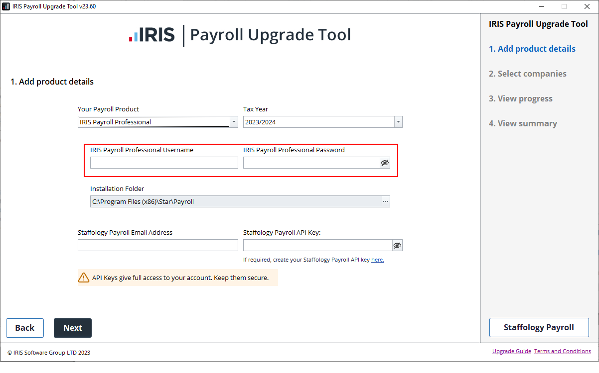 IRIS Payroll Upgrade Tool, add product details screen, with IRIS Payroll Professional Username and Password boxes highlighted