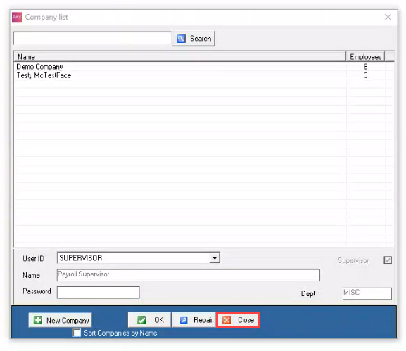 Select Close to close the company list. 