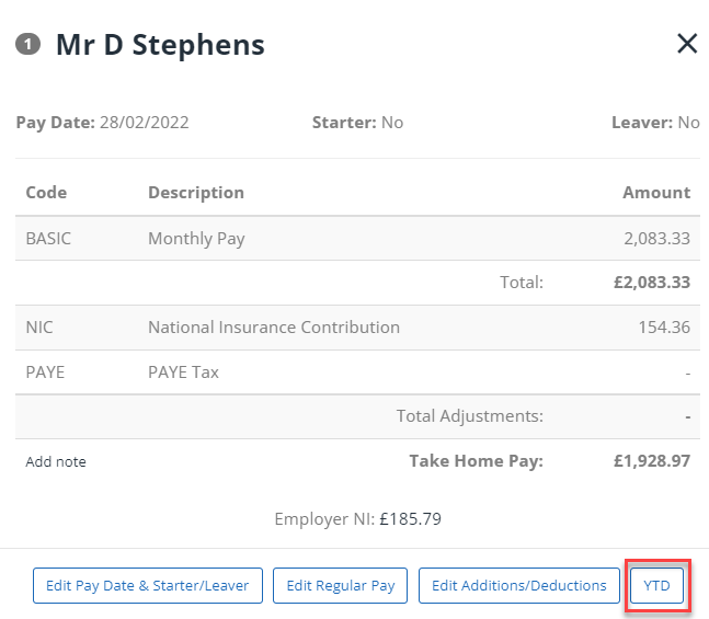 viewing a Payslip, with the YTD button highlighted