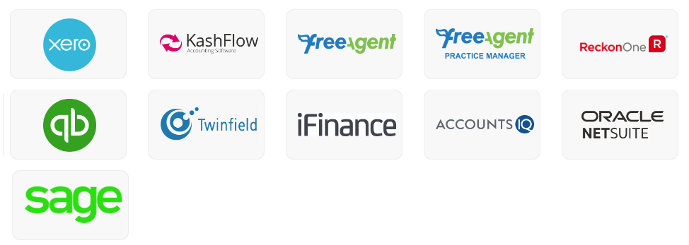 Accounting platforms: Xero, kashflow, freeagent, freeagent (practice manager), Reckon One, Quickbooks, twinfield, ifinance, accounts iq, netsuite, sage.