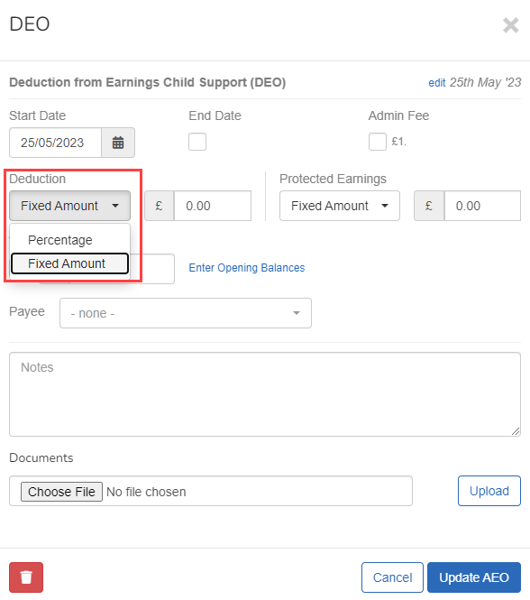 editing an Employee Attachment order DEO, with the Deduction and Percentage fields highlighted