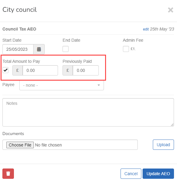 updating existing AEO opening balances for Employee, with Total Amount to Pay and Previously paid highlighted