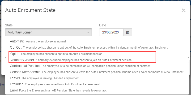 Auto Enrolment State screen, with the Opt- In, and Voluntary Joiner options highlighted