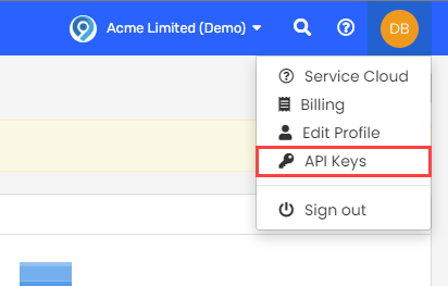 Select the user name / initials > API Keys.