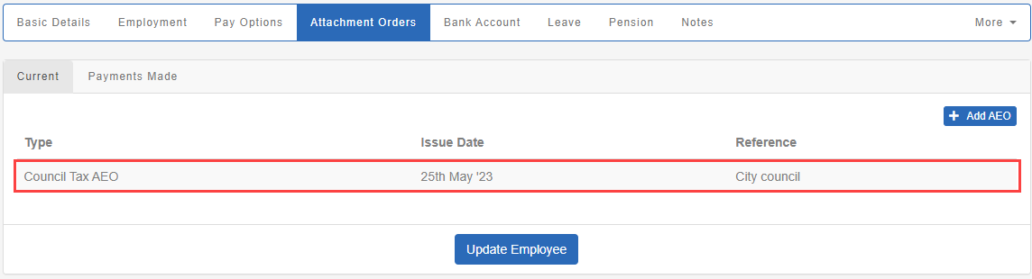 Employee Attachment Orders screen, with exising attachment highlighted