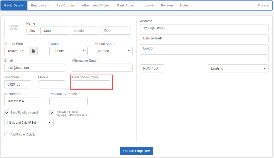 Employee Basic Details screen with Passport Number field highlighted