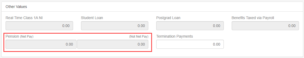 altering Employee opening Balances  other values, with Pension section highlighted